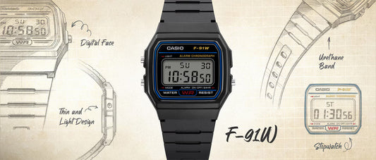 Montre digitale Casio F-91W portée au poignet